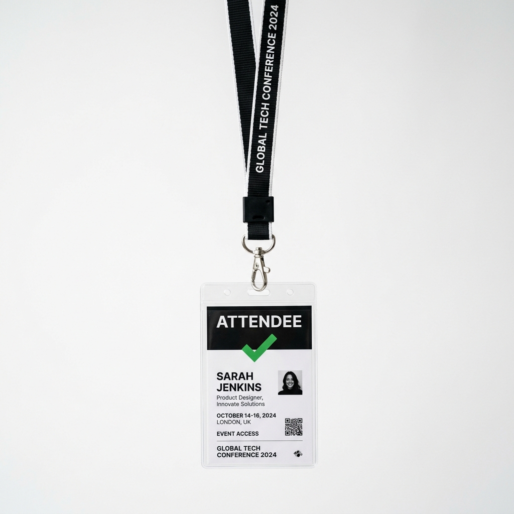 ExhibitorWave past conference attendee badge and lanyard illustration